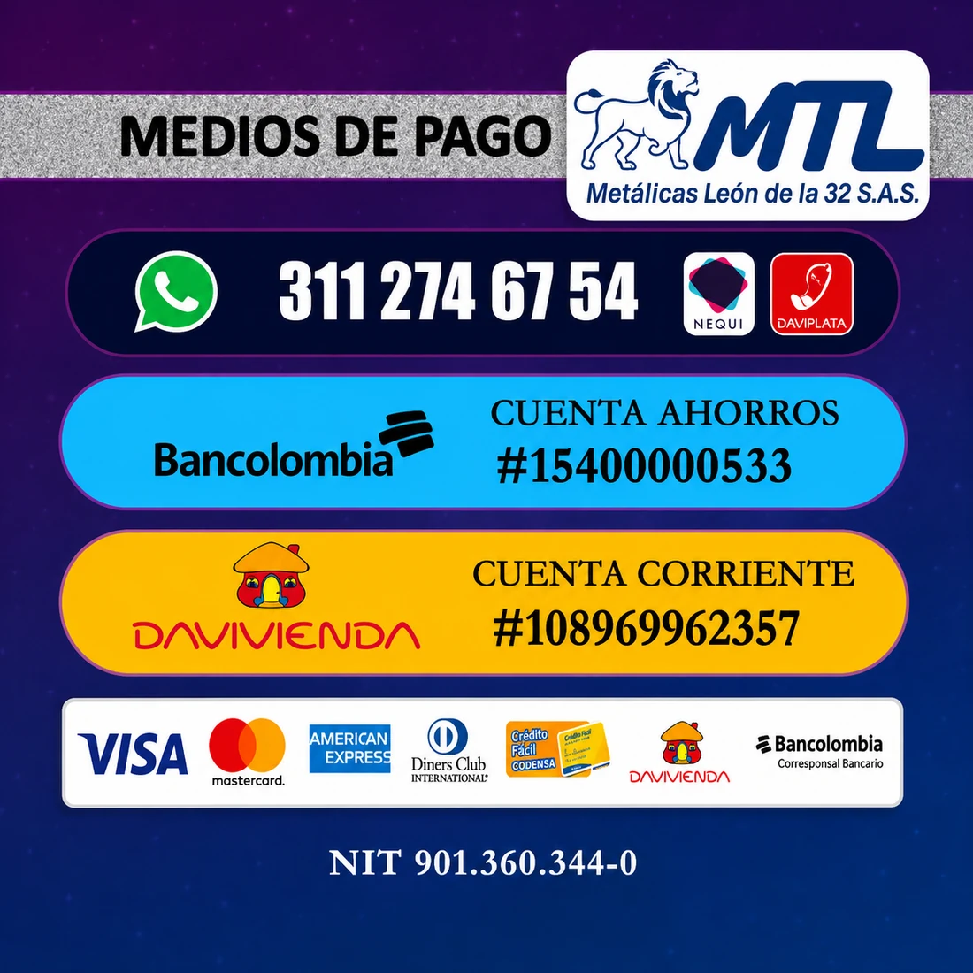 Medios de pago León Business: Nequi, Daviplata, Bancolombia, Davivienda y tarjetas